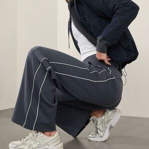 Athleta Venice wide leg, track strip pant Granite blue, white stripe